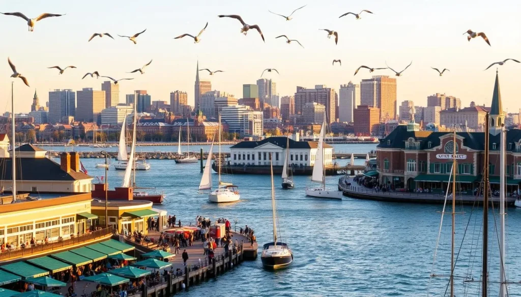 A vibrant scene of Boston Harbor, with sailboats gliding across the calm waters and seagulls soaring overhead. In the foreground, a bustling waterfront promenade is lined with quaint shops and restaurants, their bright awnings adding a touch of liveliness. The middle ground features the iconic Faneuil Hall and Quincy Market, their classic architecture framed by the harbor's expansive views. In the background, the city's skyline rises, a mix of modern skyscrapers and historic church steeples, all bathed in the warm glow of a late afternoon sun. The overall atmosphere is one of excitement and celebration, capturing the spirit of seasonal events and festivals that make Boston's harbor a must-visit destination.