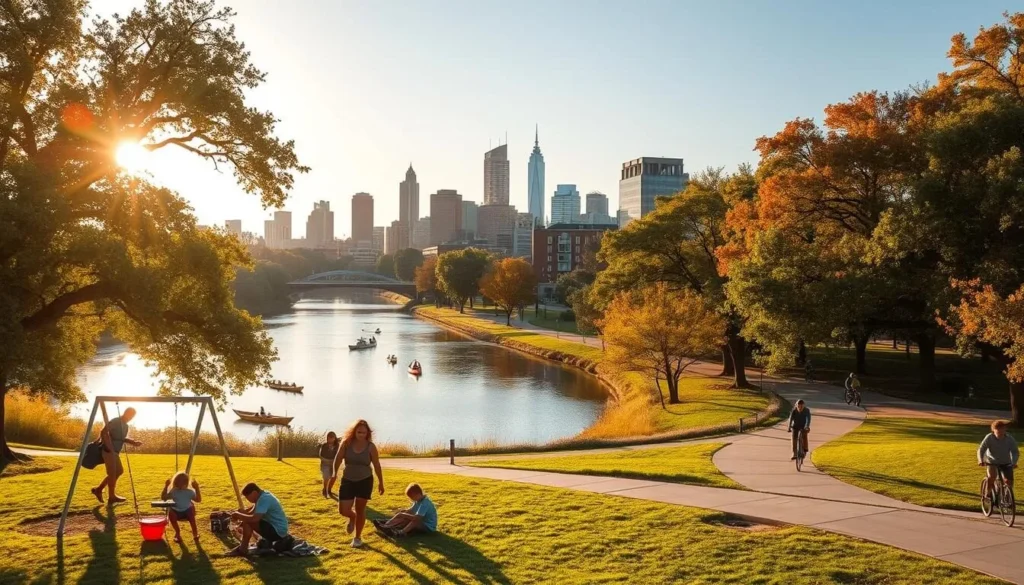 A vibrant scene of Cedar Rapids' seasonal activities. In the foreground, families stroll through a lush park, children playing on swings and picnicking under the dappled shade of towering oak trees. In the middle ground, kayakers glide along the serene, winding river, while cyclists cruise down a tree-lined bike path. In the background, the city skyline rises, a mix of modern skyscrapers and historic brick buildings. The warm, golden light of a perfect autumn day bathes the entire scene, creating a cozy, inviting atmosphere. Crisp, clean air and a hint of fall foliage complete the picture of a delightful Midwestern city in its prime.