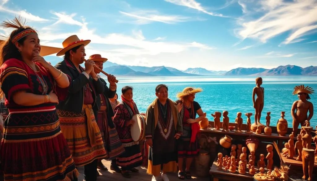 A vibrant scene of Lake Titicaca's indigenous culture. In the foreground, a group of locals wearing traditional Aymara clothing dance to the rhythmic beats of pan flutes and drums. In the middle ground, colorful market stalls display handwoven textiles, intricate pottery, and carved wooden figurines. The background features the majestic Andean mountains reflecting in the serene, azure waters of the legendary lake. Warm, golden sunlight filters through wispy clouds, creating a tranquil and celebratory atmosphere. Capture the essence of this culturally rich region through a lens that showcases the timeless traditions and natural beauty of Lake Titicaca.