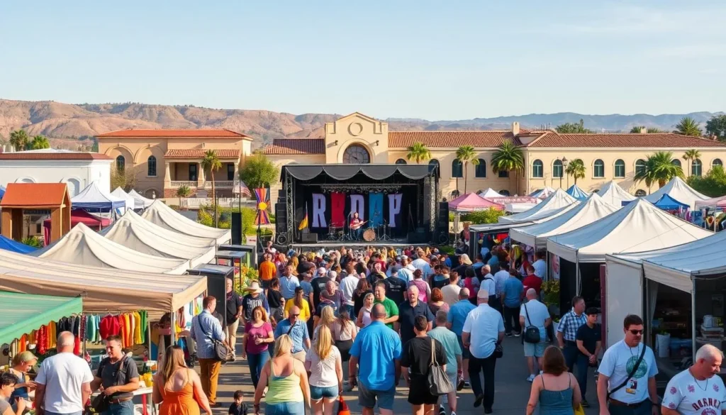 A vibrant scene of Yorba Linda's seasonal events and festivals. In the foreground, a lively street fair with colorful vendor stalls, artisanal crafts, and food trucks. People of all ages stroll through the bustling crowds, enjoying the sunny California atmosphere. In the middle ground, a large stage hosts a live music performance, the crowd swaying to the rhythmic beats. In the background, the iconic architecture of Yorba Linda's historic buildings provides a picturesque backdrop, bathed in warm, golden light. The entire scene exudes a festive, community-driven spirit that captures the essence of this charming California town.