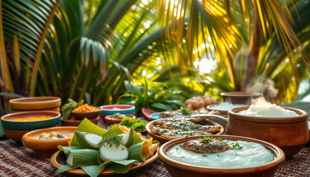 A vibrant scene of an authentic Samoan feast, set against a backdrop of lush tropical foliage. In the foreground, a spread of traditional dishes - taro leaves wrapped in coconut cream, grilled fish seasoned with fragrant herbs, and a steaming bowl of poi, the staple taro-based pudding. Colorful wooden bowls and platters showcase the array of flavors, while a woven mat on the ground invites guests to gather and savor the meal. Warm, diffused sunlight filters through the swaying palm fronds, creating a serene and inviting atmosphere. The scene captures the essence of Samoan hospitality and the deep connection between the people, the land, and the bountiful sea that sustains them. A vibrant scene of an authentic Samoan feast, set against a backdrop of lush tropical foliage. In the foreground, a spread of traditional dishes - taro leaves wrapped in coconut cream, grilled fish seasoned with fragrant herbs, and a steaming bowl of poi, the staple taro-based pudding. Colorful wooden bowls and platters showcase the array of flavors, while a woven mat on the ground invites guests to gather and savor the meal. Warm, diffused sunlight filters through the swaying palm fronds, creating a serene and inviting atmosphere. The scene captures the essence of Samoan hospitality and the deep connection between the people, the land, and the bountiful sea that sustains them.