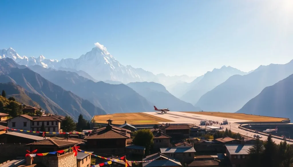 A vibrant, scenic view of Lukla, Nepal, nestled amidst the majestic Himalayan peaks. In the foreground, a bustling village with traditional stone houses and colorful prayer flags fluttering in the gentle breeze. The middle ground features the Tenzing-Hillary Airport, with small aircraft taking off and landing on the precarious runway. In the background, towering snow-capped mountains rise up, their jagged peaks touching the clear, azure sky. Warm, golden sunlight bathes the entire scene, creating a serene and awe-inspiring atmosphere. The image conveys the breathtaking natural beauty and unique character of this iconic Nepalese destination.