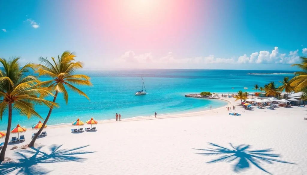 A vibrant seascape under a clear azure sky, with a small boat gently sailing across the tranquil turquoise waters. In the foreground, a pristine white sand beach stretches out, dotted with colorful beach umbrellas and sun loungers. Lush palm trees sway in the gentle breeze, casting dappled shadows on the scene. In the middle ground, a quaint seaside town with colorful buildings and bustling marketplace comes into view. The warm, golden light of the sun bathes the entire landscape, creating a sense of relaxation and adventure. The image conveys the essence of a perfect day trip from Freeport, capturing the vibrant natural beauty and casual charm of the Bahamas.