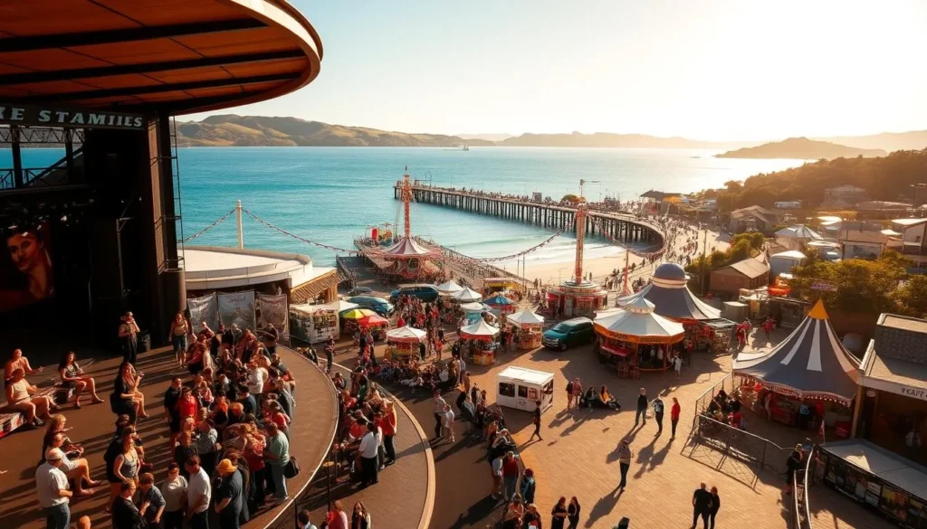 A vibrant seaside promenade in Torquay, Victoria, bustling with entertainment options. In the foreground, a lively outdoor theater showcases a captivating performance, with the audience spellbound. In the middle ground, a bustling pier extends into the azure ocean, dotted with carnival rides and food stalls. The background is framed by the rolling hills and charming coastal architecture that define Torquay's picturesque landscape. Warm sunlight bathes the scene, creating a welcoming and celebratory atmosphere. The image conveys the energy and excitement of Torquay's thriving entertainment district. A vibrant seaside promenade in Torquay, Victoria, bustling with entertainment options. In the foreground, a lively outdoor theater showcases a captivating performance, with the audience spellbound. In the middle ground, a bustling pier extends into the azure ocean, dotted with carnival rides and food stalls. The background is framed by the rolling hills and charming coastal architecture that define Torquay's picturesque landscape. Warm sunlight bathes the scene, creating a welcoming and celebratory atmosphere. The image conveys the energy and excitement of Torquay's thriving entertainment district.