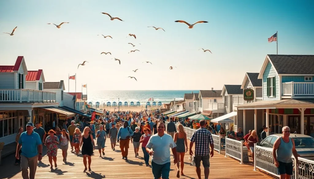 A vibrant seaside scene of Rehoboth Beach, Delaware on a sunny day. In the foreground, people stroll along the lively boardwalk, enjoying the ocean breeze and taking in the sights and sounds of the bustling coastal town. The middle ground features a row of charming beach cottages and shops, their colorful facades reflecting the cheerful atmosphere. In the background, the glistening Atlantic Ocean stretches out to the horizon, with seagulls soaring overhead. The lighting is warm and natural, casting a golden glow over the entire scene. Capture the lively spirit and seasonal energy of this beloved beach destination.