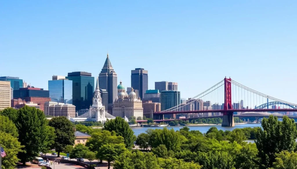 A vibrant skyline of Cincinnati rises majestically against a clear, azure sky. The iconic Roebling Suspension Bridge stretches gracefully across the Ohio River, connecting the city to its sister-city, Newport, Kentucky. Towering skyscrapers, their glass facades shimmering in the warm sunlight, create a dramatic urban tableau. In the foreground, lush greenery and a bustling riverfront promenade invite visitors to explore the city's vibrant energy. Capture the essence of this thriving metropolis, showcasing its architectural marvels and natural beauty, creating a captivating scene that evokes the spirit of a perfect day trip from Newport.