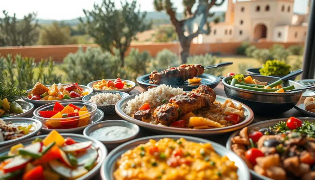 A vibrant spread of traditional Jordanian cuisine, showcasing an array of mouthwatering dishes set against a warm, sun-drenched backdrop. In the foreground, an assortment of colorful mezze plates brimming with fragrant dips, fresh pita, and pickled vegetables. In the middle ground, a sizzling lamb kebab platter, accompanied by fluffy rice and a selection of grilled vegetables. In the background, a lush, verdant setting with olive trees and glimpses of the iconic Jordanian architecture. Soft, directional lighting illuminates the scene, casting gentle shadows and highlighting the rich, earthy tones of the cuisine. The overall atmosphere exudes a sense of cultural authenticity and culinary delight, inviting the viewer to immerse themselves in the flavors and traditions of Jordan. A vibrant spread of traditional Jordanian cuisine, showcasing an array of mouthwatering dishes set against a warm, sun-drenched backdrop. In the foreground, an assortment of colorful mezze plates brimming with fragrant dips, fresh pita, and pickled vegetables. In the middle ground, a sizzling lamb kebab platter, accompanied by fluffy rice and a selection of grilled vegetables. In the background, a lush, verdant setting with olive trees and glimpses of the iconic Jordanian architecture. Soft, directional lighting illuminates the scene, casting gentle shadows and highlighting the rich, earthy tones of the cuisine. The overall atmosphere exudes a sense of cultural authenticity and culinary delight, inviting the viewer to immerse themselves in the flavors and traditions of Jordan.