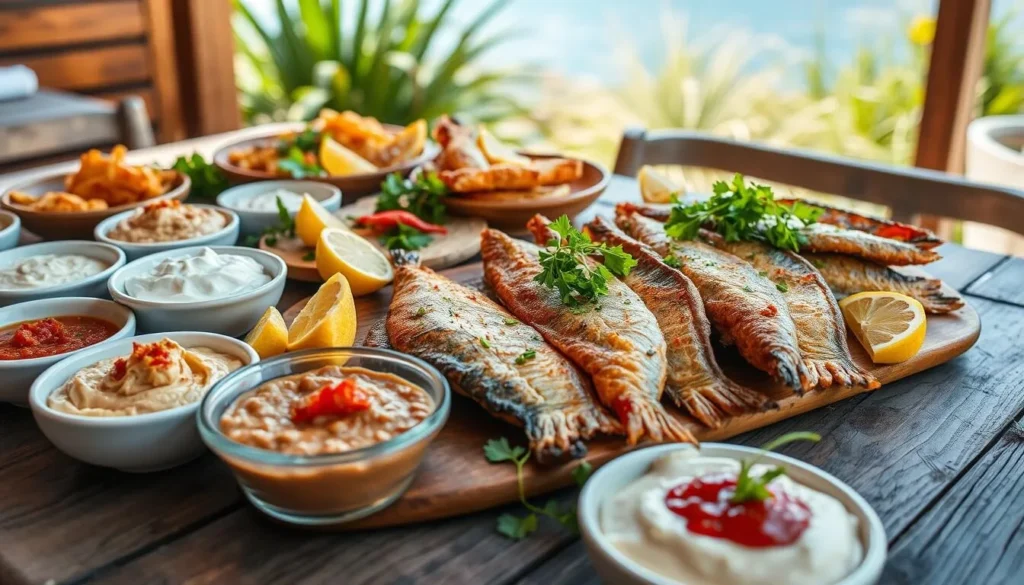 A vibrant spread of traditional Turkish fish meze, artfully arranged on a rustic wooden table. In the foreground, an assortment of flavorful dips and condiments, including creamy hummus, tangy tzatziki, and zesty red pepper paste. The middle ground features delicately grilled or fried fish fillets, their golden-brown surfaces glistening under soft, natural lighting. Garnished with fresh herbs, lemon wedges, and crisp greens, creating a visually stunning and appetizing display. The background hints at a breezy, sun-dappled outdoor setting, with glimpses of blue sky and lush vegetation, evoking the vibrant coastal regions of Turkey. The overall atmosphere is one of relaxed, authentic, and mouthwatering Mediterranean cuisine.