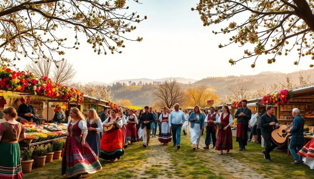 A vibrant spring festival scene set in a lush, verdant Bulgarian countryside. In the foreground, a colorful procession of dancers and musicians weave through a bustling marketplace, their traditional costumes and instruments creating a captivating visual tapestry. In the middle ground, stalls adorned with seasonal flowers and handcrafted wares invite visitors to explore the bounty of local artisans. The background showcases rolling hills, dotted with blossoming fruit trees, under a warm, golden-hued sky. Diffused natural lighting casts a soft, inviting glow over the entire scene, conveying a sense of celebration, community, and the joyful awakening of spring.