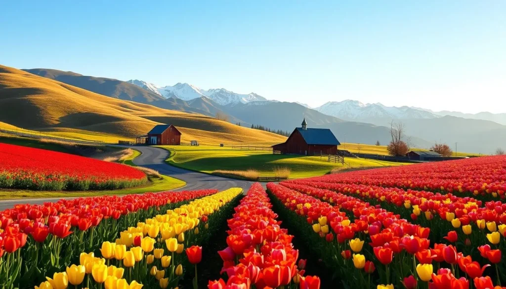 A vibrant springtime scene in Skagit Valley, Washington. The foreground is a lush, colorful tulip field, with rows of blooming flowers in a variety of hues including red, yellow, and pink. In the middle ground, a winding country road leads towards a quaint, historic barn nestled among rolling hills. The background features the majestic Cascade Mountain range, with snow-capped peaks under a bright, clear sky. The lighting is warm and natural, accentuating the vivid colors of the tulips. Capture the serene, picturesque atmosphere of the renowned Skagit Valley Tulip Festival in springtime.