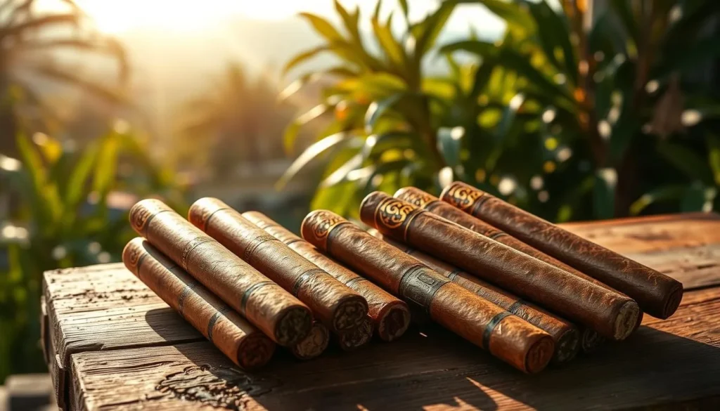 A vibrant still life showcasing a selection of authentic Cuban cigars against a warm, sun-drenched backdrop. Placed on a rustic wooden surface, the cigars are carefully arranged, their rich, chocolatey-brown wrappers glistening with an oily sheen. The scene is bathed in soft, natural lighting, casting gentle shadows and highlighting the intricate patterns and textures of the tobacco leaves. In the background, a glimpse of lush, verdant foliage and a hazy, azure sky evokes the lush, tropical ambiance of Havana. The overall mood is one of luxury, craftsmanship, and the allure of Cuban cigar culture.