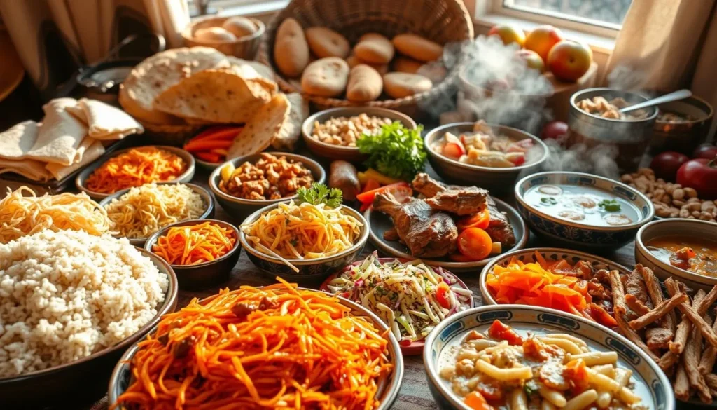 A vibrant still life showcasing an array of traditional Kyrgyz dishes, bathed in warm, natural lighting. In the foreground, a bountiful spread of plov (rice pilaf), laghman (hand-pulled noodles), and shashlyk (skewered grilled meats). The middle ground features a variety of colorful salads, including shredded carrots, tomatoes, and cucumbers, complemented by steaming bowls of shorpo (meat and vegetable soup). In the background, a display of national breads, such as lepyoshka (flatbread) and nan, alongside a selection of fresh fruits and nuts. The scene conveys the rich culinary heritage and hospitality of Kyrgyzstan, captured through a crisp, high-resolution lens.
