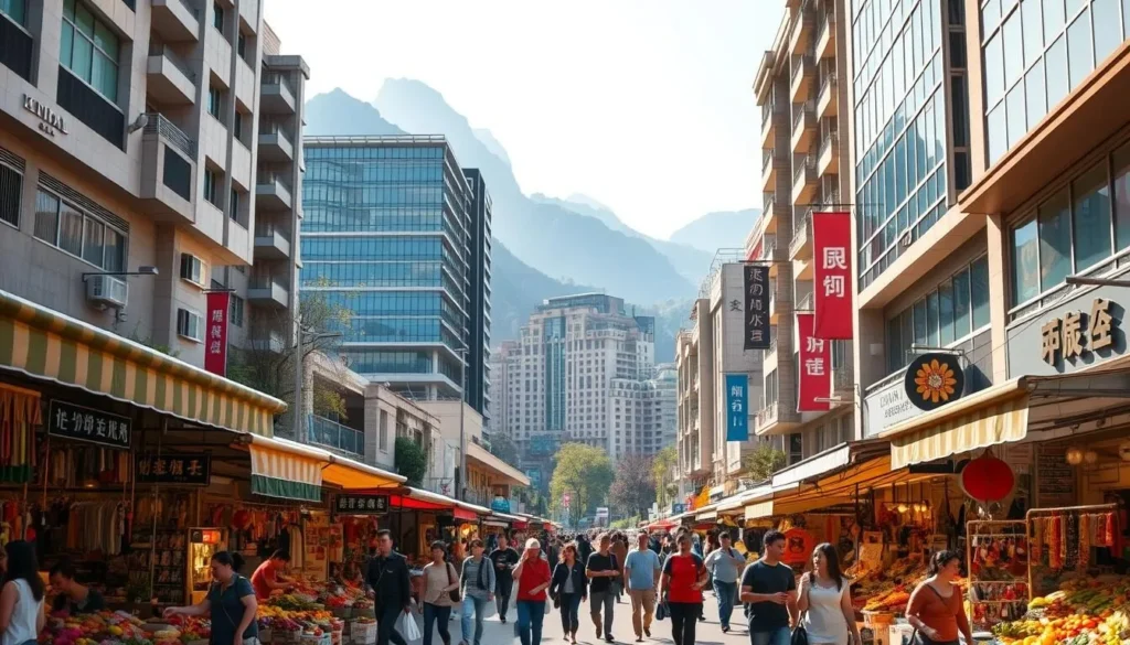 A vibrant street scene in Kunming, China, showcasing the city's bustling shopping culture. In the foreground, a bustling outdoor market with vendors selling an array of local produce, handicrafts, and traditional textiles. Colorful awnings and stalls create a lively atmosphere, with shoppers browsing and negotiating prices. In the middle ground, modern multi-story shopping malls stand tall, their sleek facades reflecting the city's embrace of progress. Pedestrians move through the streets, some carrying bags of their latest purchases. The background features the iconic karst mountains that surround Kunming, their lush, green slopes providing a picturesque backdrop to the urban scene. Warm, natural lighting illuminates the entire composition, capturing the vibrancy and energy of a day spent shopping in this dynamic Chinese city.