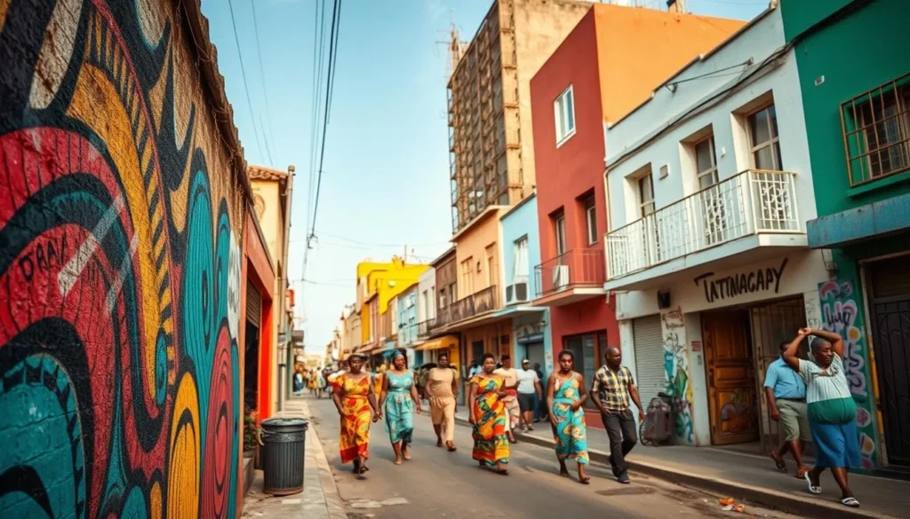 A vibrant street scene in Mafalala District, Maputo, Mozambique. The foreground showcases a colorful mural on a weathered wall, featuring intricate patterns and bold brushstrokes. In the middle ground, locals stroll along the lively street, their vibrant traditional attire adding to the lively atmosphere. The background is filled with a mix of charming, multi-colored buildings, their facades adorned with more street art and graffiti. Warm, natural lighting casts a golden glow, creating a sense of energy and community. Captured with a wide-angle lens to immerse the viewer in the bustling, artistic essence of this hidden gem.