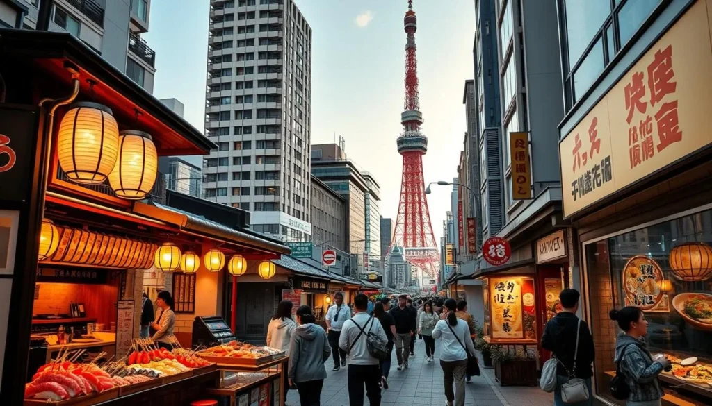 A vibrant street scene in Minato-ku, Tokyo, showcasing the neighborhood's culinary delights. In the foreground, an array of freshly prepared sushi, sashimi, and yakitori skewers beckon from a charming outdoor izakaya. Elegant lanterns cast a warm glow, complementing the bustling atmosphere. In the middle ground, pedestrians stroll past sleek high-rises and traditional ryokans, stopping to admire the mouth-watering window displays of gourmet tempura and ramen. In the background, the iconic silhouette of Tokyo Tower rises, a testament to the city's seamless blend of modern and time-honored culinary traditions. The scene is bathed in the soft, golden light of a late afternoon, conveying a sense of tranquility and indulgence.