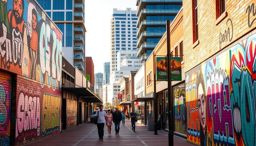 A vibrant street scene in Wagga Wagga, New South Wales, showcasing the city's thriving urban art culture. In the foreground, a series of colorful murals and graffiti pieces adorn the walls, showcasing the creative talents of local artists. In the middle ground, pedestrians stroll along the lively sidewalks, taking in the striking visuals. The background features a mix of modern and heritage-listed buildings, creating a dynamic and visually interesting cityscape. The scene is bathed in warm, natural lighting, casting a welcoming and inviting atmosphere. Capture the energy, diversity, and artistic spirit of Wagga Wagga's vibrant street art scene.