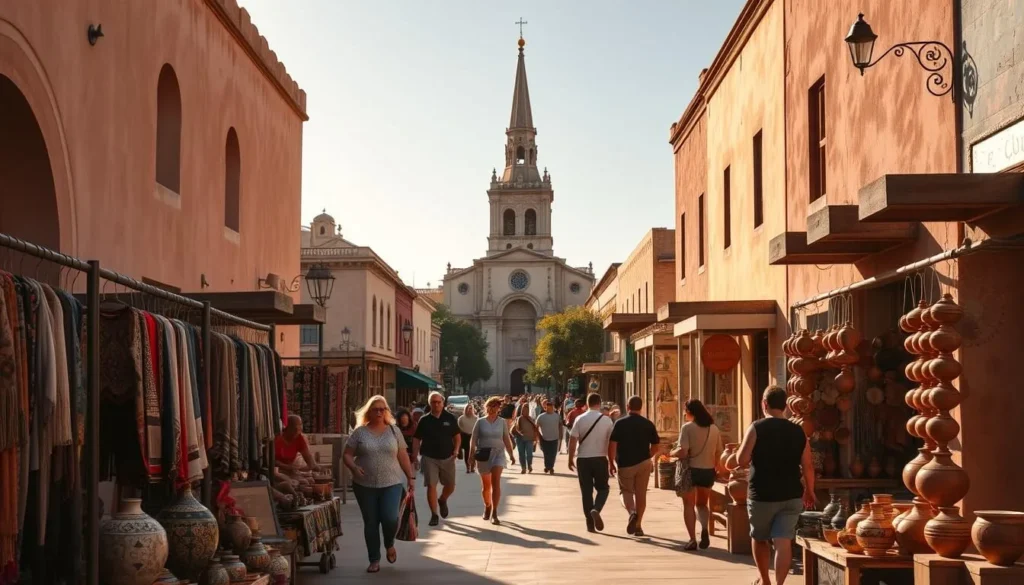 A vibrant street scene in downtown Brownsville, Texas, bathed in warm, golden afternoon light. In the foreground, local artisans showcase their handcrafted wares - colorful textiles, intricate metalwork, and pottery glazed in earthy tones. Pedestrians stroll along the sidewalk, pausing to admire the unique displays and engage with the friendly vendors. In the middle ground, historic adobe buildings line the street, their sun-weathered facades and ornate architectural details reflecting the region's rich cultural heritage. In the background, a towering cathedral spire punctuates the skyline, its pointed silhouette a symbol of the community's deep-rooted spiritual traditions. An atmosphere of vibrant, authentic, and inviting small-town charm permeates the scene.