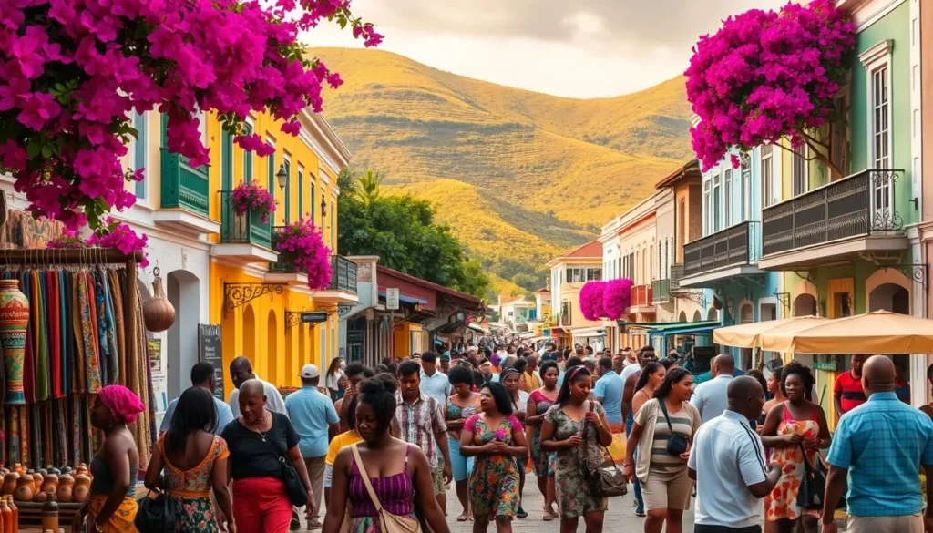 A vibrant street scene in the heart of Martinique, capturing the island's rich cultural heritage. In the foreground, a lively open-air market bustles with vendors selling colorful textiles, handcrafted pottery, and fragrant spices. Locals and tourists mingle, exchanging lively conversations and sampling traditional Creole cuisine from sizzling food stalls. In the middle ground, brightly painted colonial-style buildings line the streets, their balconies adorned with cascading bougainvillea. The background is dominated by the verdant, rolling hills that characterize Martinique's stunning natural landscape, bathed in warm, golden sunlight. An atmosphere of vibrant energy, community, and deep-rooted tradition pervades the scene. A vibrant street scene in the heart of Martinique, capturing the island's rich cultural heritage. In the foreground, a lively open-air market bustles with vendors selling colorful textiles, handcrafted pottery, and fragrant spices. Locals and tourists mingle, exchanging lively conversations and sampling traditional Creole cuisine from sizzling food stalls. In the middle ground, brightly painted colonial-style buildings line the streets, their balconies adorned with cascading bougainvillea. The background is dominated by the verdant, rolling hills that characterize Martinique's stunning natural landscape, bathed in warm, golden sunlight. An atmosphere of vibrant energy, community, and deep-rooted tradition pervades the scene.