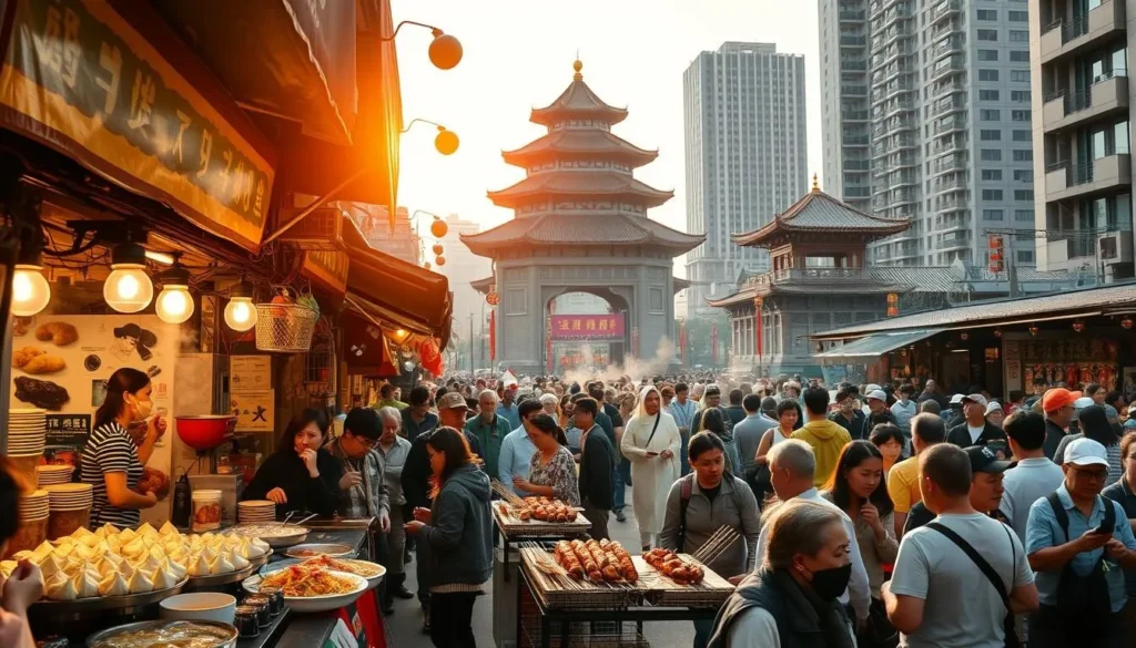 A vibrant street scene in the heart of Wuhan, China, showcasing the city's rich culinary heritage. In the foreground, vendors sell steaming hot dumplings, fragrant noodle dishes, and sizzling skewers of grilled meats and vegetables. The middle ground features bustling crowds of locals and tourists alike, immersed in the lively atmosphere and sampling the diverse flavors. In the background, traditional architecture and modern high-rises create a visually striking contrast, bathed in warm, golden sunlight that casts a welcoming glow over the entire scene. The image conveys the energy, diversity, and mouthwatering delights that make Wuhan a top destination for food lovers.