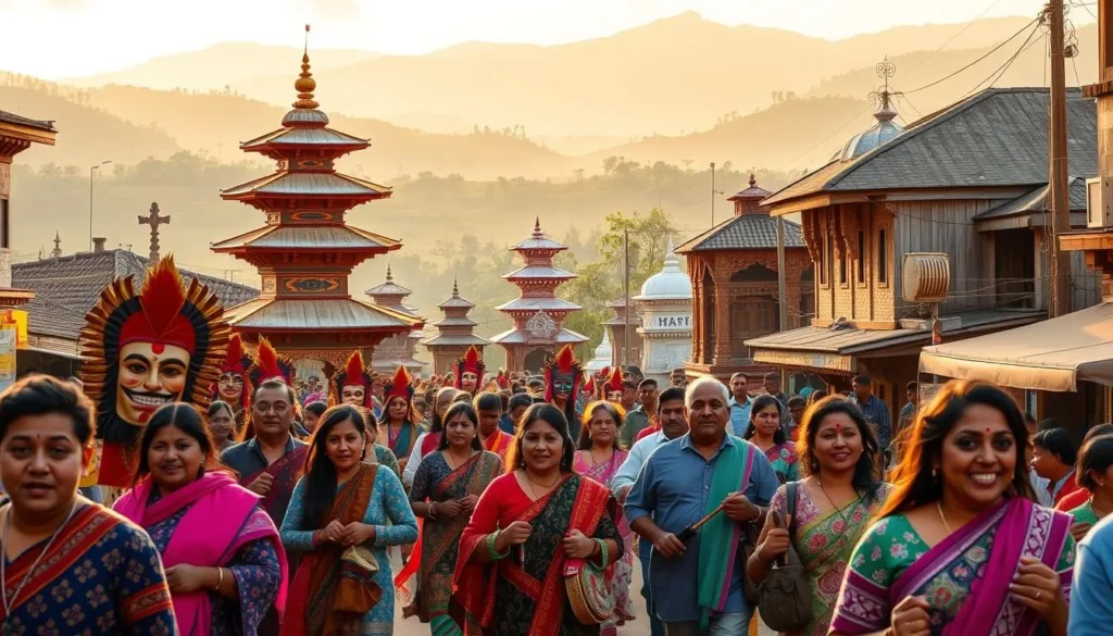 A vibrant street scene in the historical town of Panauti, Nepal, during a lively festival. In the foreground, colorfully dressed locals parade with traditional masks and instruments, their joyful expressions capturing the celebratory atmosphere. The middle ground features intricately carved temples and shrines, their ornate architecture bathed in warm, golden sunlight. In the background, rolling hills and lush greenery provide a picturesque backdrop, creating a sense of harmony between the festivities and the serene natural surroundings. The overall mood is one of cultural richness, community togetherness, and reverence for Panauti's rich heritage.
