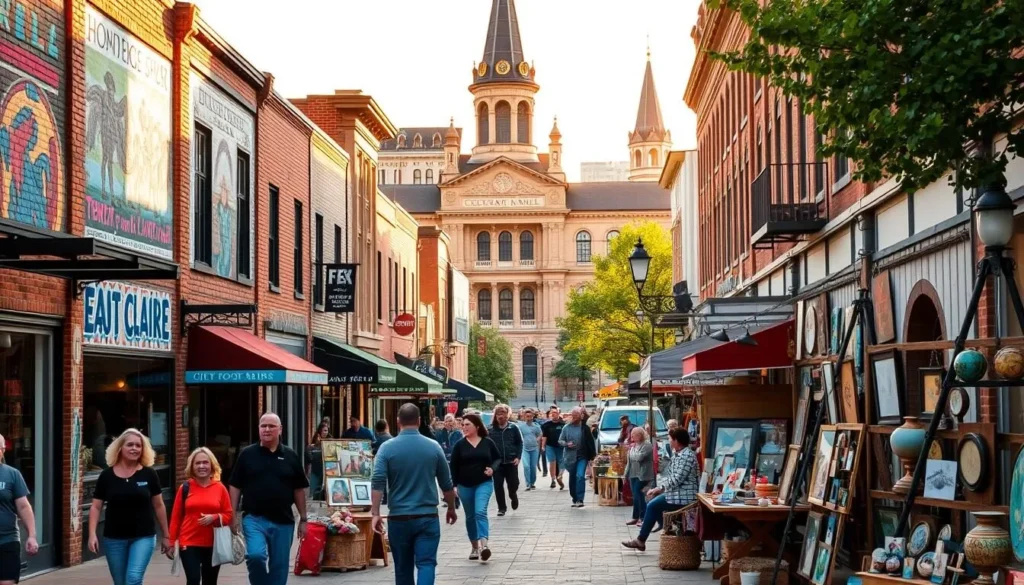 A vibrant streetscape in downtown Eau Claire, Wisconsin, showcasing the thriving local art scene. In the foreground, people stroll past colorful murals adorning the brick walls of quaint shops and galleries. Mid-ground, a bustling outdoor art market features handcrafted sculptures, paintings, and pottery displayed by talented local artists. In the background, the historic Eau Claire City Hall and other architectural gems provide a picturesque backdrop, bathed in warm, golden natural light. The overall atmosphere conveys a sense of creativity, community, and artistic appreciation.