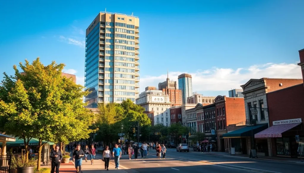 A vibrant streetscape in downtown Silver Spring, Maryland on a sunny day. In the foreground, pedestrians stroll along a bustling sidewalk lined with lush trees and quaint shops. In the middle ground, a modern, multi-story building with a glass facade stands tall, reflecting the blue sky above. In the background, a mix of historic architecture and contemporary structures create a visually dynamic skyline. The scene is bathed in warm, natural lighting, casting long shadows and highlighting the energy and charm of this thriving urban center. Capture the essence of Silver Spring's unique blend of old and new, with a focus on the city's inviting, walkable atmosphere.