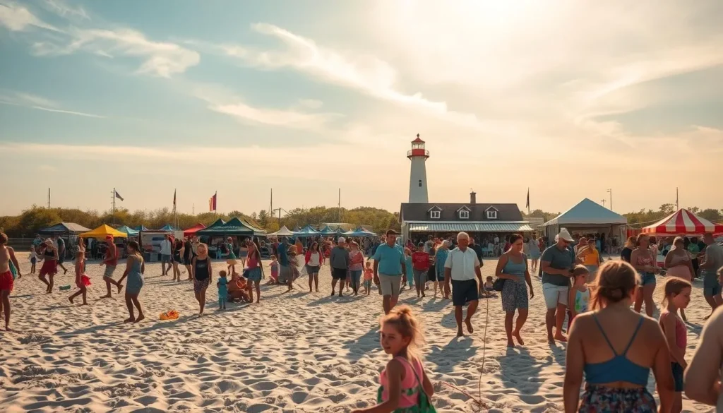 A vibrant summer celebration on Plum Island's sun-drenched shores. In the foreground, families and friends gather on the sandy beach, laughing and playing beach games. The middle ground showcases a lively festival with colorful tents, food stalls, and live music. In the background, the iconic Plum Island lighthouse stands tall, its beacon guiding the joyous celebrations. Warm sunlight filters through wispy clouds, casting a golden glow over the scene. The atmosphere is one of carefree merriment, as locals and visitors alike embrace the island's coastal charm and seasonal festivities.