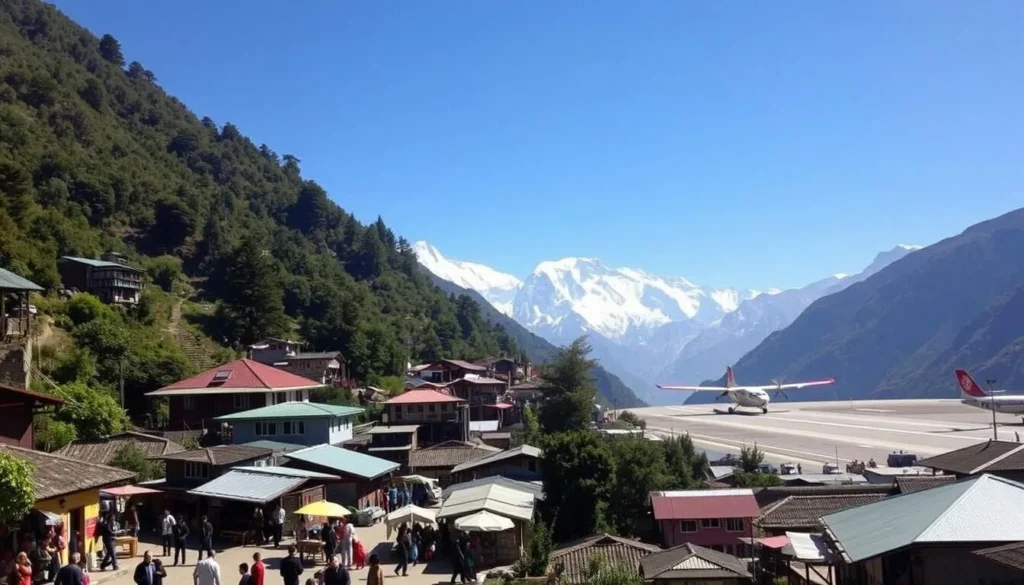 A vibrant summer day in Lukla, Nepal, under a clear azure sky. Lush, verdant hills surround the quaint village, dotted with colorful houses and thatched-roof buildings. In the foreground, a bustling market scene, with locals and travelers mingling, buying fresh produce and handicrafts. The middle ground features the iconic Lukla Airport, its runway carved into the mountainside, with a De Havilland Twin Otter aircraft preparing for takeoff. In the distance, the majestic Himalayan peaks rise, their snow-capped summits glittering in the warm sunlight. The scene exudes an atmosphere of tranquility and adventure, capturing the essence of Lukla's best season to visit.