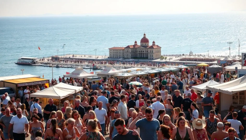 A vibrant summer festival by the glistening Black Sea coast of Varna, Bulgaria. In the foreground, crowds of people mingle and dance to live music, their colorful outfits swaying in the gentle breeze. In the middle ground, rows of food and craft stalls offer local delicacies and artisanal wares. In the background, the iconic architecture of Varna's seaside promenade and the deep blue waters of the sea create a picturesque backdrop. Warm, golden sunlight bathes the scene, lending a festive, lively atmosphere. The overall mood is one of joy, celebration, and the rich cultural heritage of this coastal region.