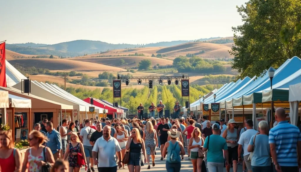 A vibrant summer festival in the heart of Yakima Valley, Washington. In the foreground, people stroll through lively vendor stalls, sampling local produce, handcrafted goods, and delectable street food. The middle ground features a large stage where musicians perform on a warm, sunny afternoon, surrounded by colorful tents and banners. In the background, rolling hills and orchards create a picturesque pastoral scene, bathed in golden-hour light. The atmosphere is lively and celebratory, capturing the spirit of the region's seasonal festivities.