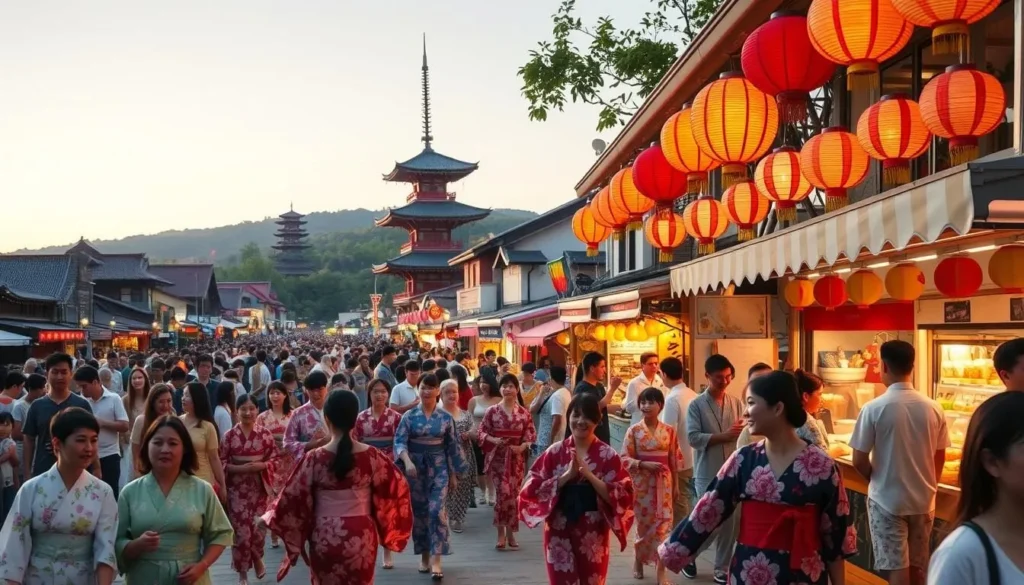A vibrant summer festival in the heart of Yamaguchi Prefecture, Japan. Crowds of people in traditional yukata robes stroll past colorful lanterns and stalls selling delectable street food. In the foreground, a group of dancers perform a lively bon odori dance, their movements graceful and energetic under the warm evening light. In the middle ground, families and friends gather around food vendors, laughing and enjoying the festive atmosphere. The background reveals the silhouettes of ancient temples and shrines, their pagodas and roofs peeking out from behind the bustling crowd. The scene exudes a sense of timeless tradition and vibrant, summer joy.