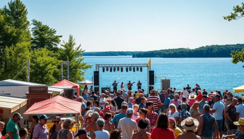 A vibrant summer scene at Big Sandy Lake, Minnesota. In the foreground, a lively crowd gathered around colorful food stalls and craft vendors, their laughter and chatter filling the air. In the middle ground, a large stage hosts a live musical performance, the performers energizing the crowd with upbeat melodies. The background features the tranquil lake, its glistening waters framed by verdant trees and a clear, blue sky. Warm sunlight bathes the entire scene, creating a cheerful, festive atmosphere. The image captures the essence of a beloved local summer festival, showcasing the community's spirit and the natural beauty of the area.