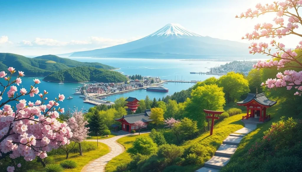 A vibrant, sun-dappled illustration of the Izu Peninsula, showcasing its scenic coastline, rolling hills, and lush, verdant landscapes. In the foreground, a winding hiking trail leads visitors through a serene forest, past blooming cherry blossoms and ancient shrines. The middle ground features a picturesque seaside town, with traditional ryokans and fishing boats bobbing in the tranquil harbor. In the background, majestic Mount Fuji rises majestically, its snow-capped peak casting a warm glow over the entire scene. Soft, directional lighting from the west illuminates the scene, creating a sense of warmth and natural beauty. Capture the essence of this Japanese paradise, inspiring travelers to explore the Izu Peninsula's captivating itinerary.