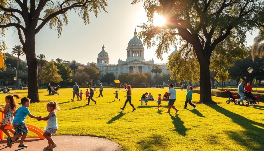 A vibrant, sun-dappled park scene in La Plata, Argentina, where families engage in a variety of wholesome activities. In the foreground, children play on a colorful playground, their laughter echoing through the air. In the middle ground, parents push strollers and picnic on the lush, grassy lawn, while teenagers toss a frisbee. The background showcases the city's iconic architecture, with the majestic domes of the National University of La Plata shimmering in the distance. Warm, golden light filters through the trees, creating a welcoming, family-friendly atmosphere.