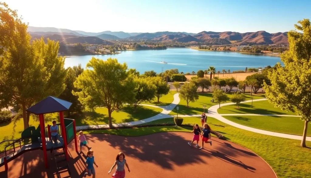 A vibrant, sun-dappled scene of a family-friendly park in Yorba Linda, California. In the foreground, children frolic on a modern playground, their laughter filling the air. Lush, verdant trees line the middle ground, casting gentle shadows over the winding paths. In the background, a serene lake reflects the azure sky, flanked by rolling hills and well-manicured lawns. Warm, golden light bathes the entire landscape, creating a welcoming, peaceful atmosphere. A picturesque representation of the best family-friendly activities and attractions Yorba Linda has to offer.