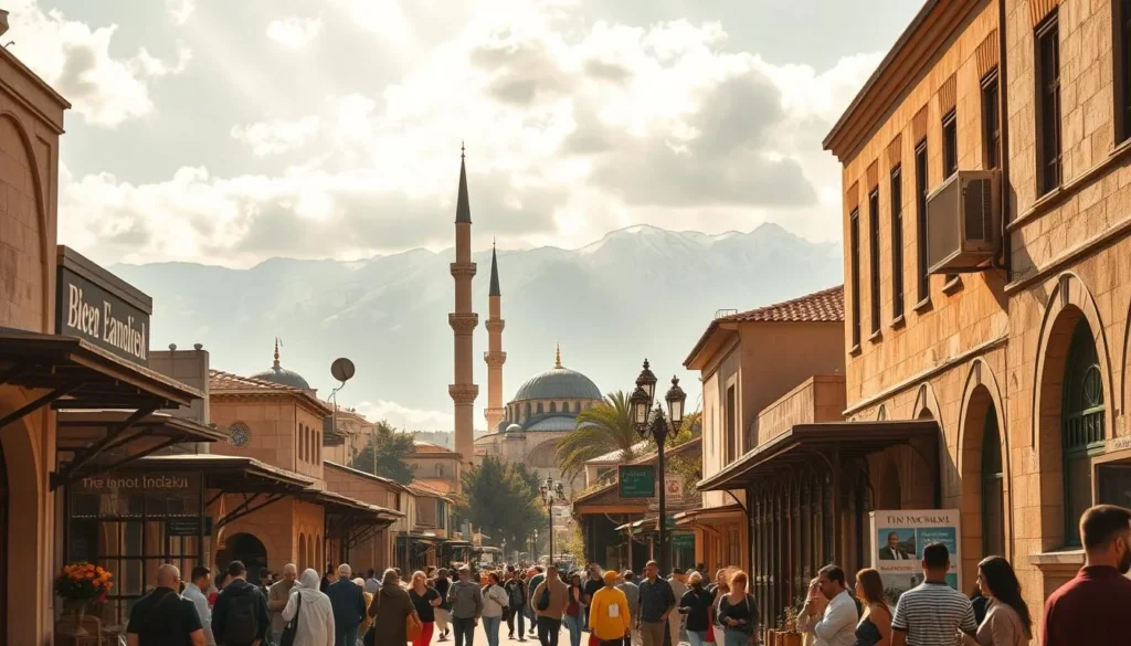 A vibrant, sun-dappled street in the historic heart of Damascus, with traditional Middle Eastern architecture lining the sidewalks. Warm, golden light filters through wispy clouds, casting a soft glow over the scene. In the foreground, locals and tourists mingle, their colorful garments and lively interactions adding to the energetic atmosphere. Towering minarets and domes of ancient mosques rise in the middle distance, while the snowcapped peaks of the Anti-Lebanon mountains form a majestic backdrop. The overall mood is one of serenity and timeless charm, capturing the essence of the best time to visit this captivating Syrian city.