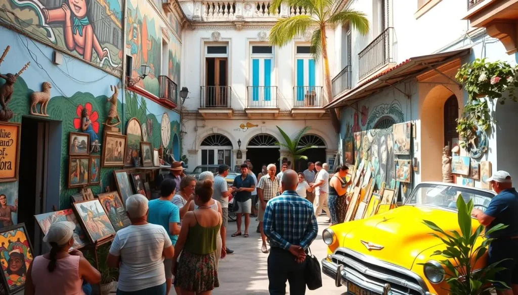 A vibrant, sun-drenched courtyard in the heart of Havana, Cuba, where the Cuban Art Factory comes alive. Colorful murals and sculptures adorn the walls, drawing the eye to the intricate details of local artistic expression. Groups of local artists and craftspeople showcase their work, inviting visitors to engage with the rich cultural heritage. The scene is alive with the energy of Cubans gathered to celebrate their creativity, their lively conversations and laughter mingling with the rhythmic beats of traditional music. Soft, natural lighting filters through the open-air space, casting a warm glow over the captivating display of Cuban artistic brilliance.