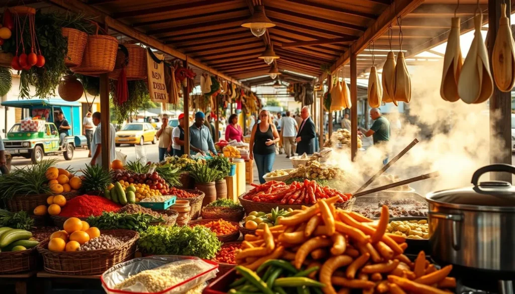 A vibrant, sun-drenched outdoor market in Grenada, showcasing an array of local produce, spices, and freshly prepared Creole dishes. In the foreground, vendors offer an enticing spread of colorful fruits, vegetables, and fragrant herbs. The middle ground features sizzling grills and simmering pots, releasing tantalizing aromas of authentic Grenadian cuisine. The background captures the bustling energy of the market, with people strolling amidst the lively atmosphere. Warm, golden lighting illuminates the scene, creating a welcoming and inviting ambiance that captures the essence of Grenada's vibrant food culture. A vibrant, sun-drenched outdoor market in Grenada, showcasing an array of local produce, spices, and freshly prepared Creole dishes. In the foreground, vendors offer an enticing spread of colorful fruits, vegetables, and fragrant herbs. The middle ground features sizzling grills and simmering pots, releasing tantalizing aromas of authentic Grenadian cuisine. The background captures the bustling energy of the market, with people strolling amidst the lively atmosphere. Warm, golden lighting illuminates the scene, creating a welcoming and inviting ambiance that captures the essence of Grenada's vibrant food culture.