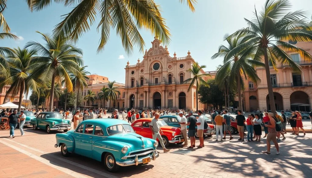 A vibrant, sun-drenched plaza in the heart of Havana, Cuba. The iconic Catedral de San Cristóbal de La Habana stands tall, its ornate baroque façade casting warm shadows across the cobblestone ground. In the foreground, locals and tourists mingle, sipping Cuban coffee and chatting animatedly. Vintage cars, in shades of turquoise and coral, line the plaza's edge, adding a nostalgic touch. Lush palm trees sway gently, filtering the bright light and creating a dappled effect. The atmosphere is lively and inviting, capturing the essence of Havana's iconic public spaces.