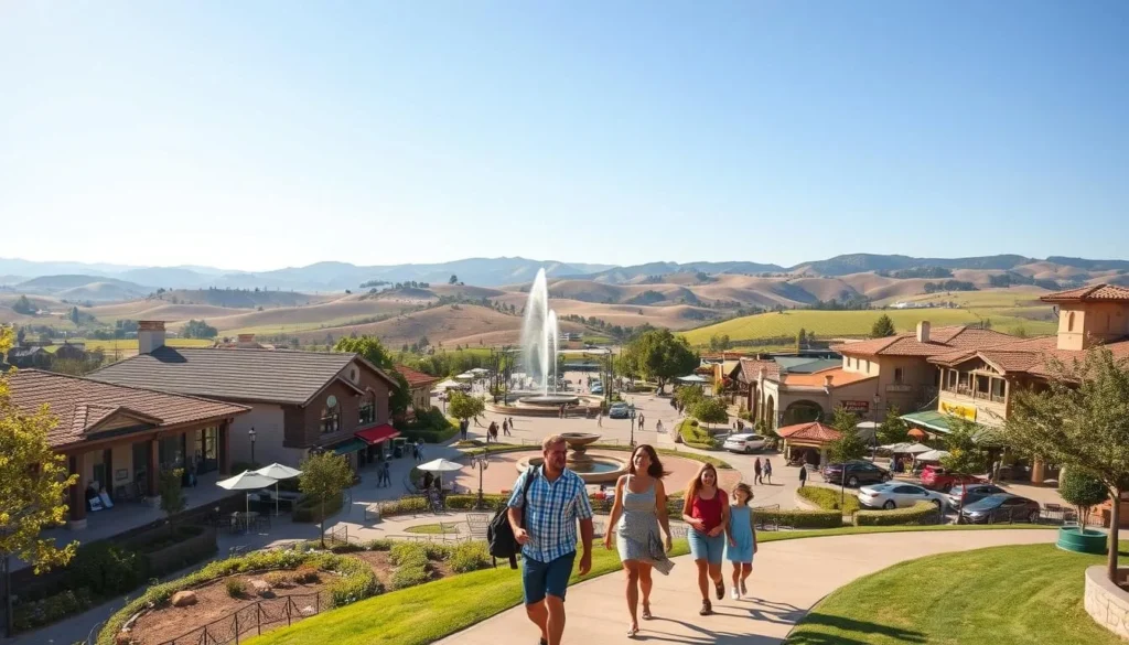 A vibrant, sun-drenched scene in Temecula, California. In the foreground, a family of four strolls along a picturesque path, taking in the local sights and attractions. In the middle ground, a charming town square bustles with activity, featuring quaint shops, cafes, and a central fountain. In the background, rolling hills and vineyards create a serene, pastoral backdrop. The lighting is warm and golden, capturing the inviting atmosphere of a perfect family-friendly day in this picturesque California town.
