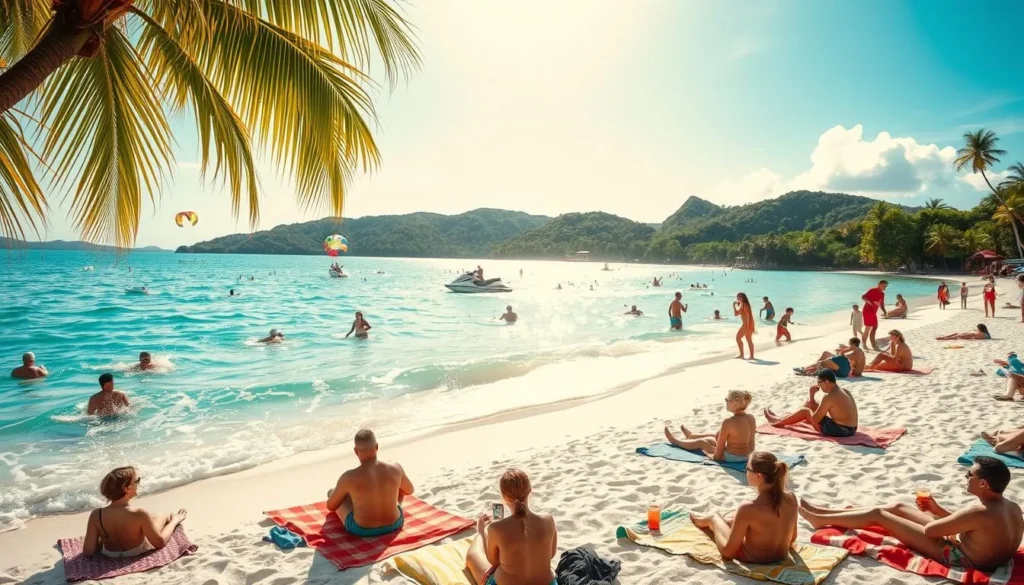 A vibrant, sun-drenched scene of Boracay Island's iconic white sand beaches and turquoise waters. In the foreground, people engage in various activities - some swim and splash in the gentle waves, others recline on plush beach towels, sipping refreshing drinks. In the middle ground, colorful parasails dot the sky, while water sports enthusiasts zip across the tranquil surface on jet skis and paddleboards. The background showcases the lush, verdant hills and palm trees that frame the island's natural beauty, bathed in warm, golden light. Capture the lively, carefree atmosphere of this tropical paradise.