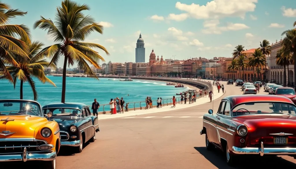 A vibrant, sun-drenched scene of Havana's iconic Malecón, the city's famous seaside promenade. In the foreground, classic American cars from the 1950s line the wide, palm-tree-dotted esplanade, their chrome gleaming in the warm light. In the middle ground, locals and tourists stroll along the curved seawall, taking in the stunning views of the turquoise Caribbean waters and the majestic, pastel-hued buildings that line the shore. In the background, the skyline of historic Old Havana rises, its colonial architecture bathed in a golden glow. The mood is lively and nostalgic, capturing the unique charm and timeless allure of this iconic Cuban destination.