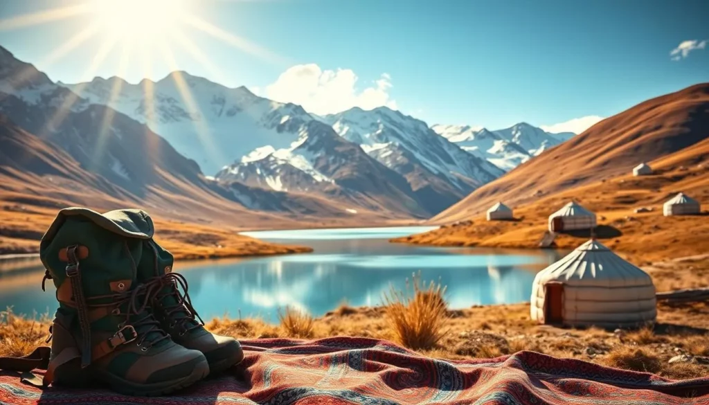 A vibrant, sun-drenched scene of Kazakhstan's diverse landscapes. In the foreground, a travelers' backpack and hiking boots sit atop a colorful, traditional-patterned blanket, conveying a sense of exploration and adventure. The middle ground features a striking vista of snow-capped mountains, their peaks reflected in a serene, turquoise lake. In the background, nomadic yurts dot the rolling, grassy hills, hinting at the country's rich cultural heritage. The image is bathed in warm, golden light, creating a welcoming, inviting atmosphere for anyone planning a Kazakh odyssey.