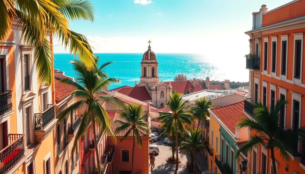 A vibrant, sun-drenched scene of Old San Juan, Puerto Rico. In the foreground, colorful colonial buildings with ornate balconies and red-tiled roofs line the narrow, cobblestone streets. Lush palm trees sway gently in the warm Caribbean breeze. In the middle ground, the historic San Juan Cathedral and its towering bell tower stand as a majestic centerpiece, casting long shadows across the quaint plazas. In the background, the azure waters of the Atlantic Ocean sparkle, with the iconic fortress of El Morro guarding the scenic harbor. Soft, diffused lighting bathes the entire scene in a warm, inviting glow, evoking a sense of timeless charm and enchantment. A vibrant, sun-drenched scene of Old San Juan, Puerto Rico. In the foreground, colorful colonial buildings with ornate balconies and red-tiled roofs line the narrow, cobblestone streets. Lush palm trees sway gently in the warm Caribbean breeze. In the middle ground, the historic San Juan Cathedral and its towering bell tower stand as a majestic centerpiece, casting long shadows across the quaint plazas. In the background, the azure waters of the Atlantic Ocean sparkle, with the iconic fortress of El Morro guarding the scenic harbor. Soft, diffused lighting bathes the entire scene in a warm, inviting glow, evoking a sense of timeless charm and enchantment.