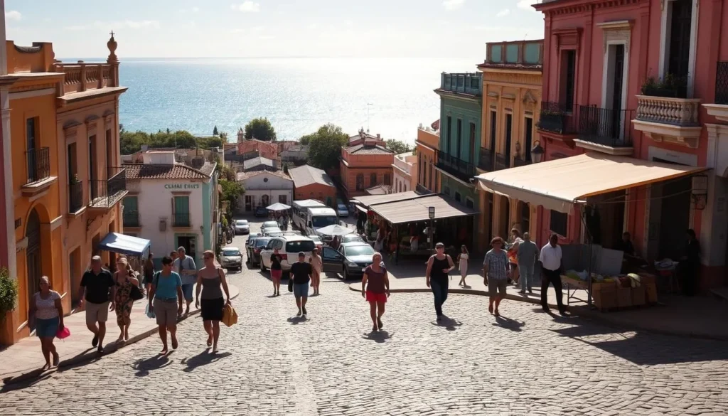 A vibrant, sun-drenched town nestled along the Caribbean coast, Trinidad, Cuba presents a captivating scene. Cobblestone streets wind past colorful colonial buildings, their facades adorned with intricate architectural details. In the foreground, pedestrians stroll leisurely, casting long shadows as they go about their day. The middle ground features bustling marketplaces, where local vendors offer an array of handcrafted wares and fresh produce. In the distance, the azure waters of the ocean shimmer, providing a breathtaking backdrop to this picturesque town. Soft, warm lighting filters through the scene, imbuing it with a tranquil, nostalgic atmosphere. Capture the essence of this charming Cuban destination, where history, culture, and natural beauty converge in a visually captivating tableau.