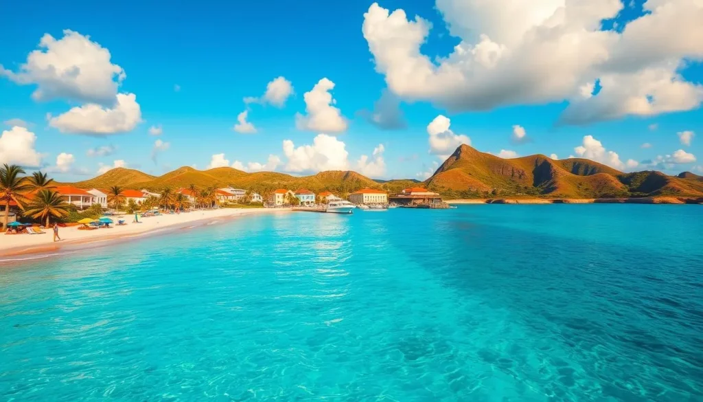 A vibrant, sun-drenched tropical paradise, Curacao Island. In the foreground, crystal-clear turquoise waters lap against pristine white sand beaches, dotted with colorful umbrellas and lively beachgoers. Swaying palm trees cast gentle shadows across the scene. In the middle ground, quaint Dutch-colonial buildings in a rainbow of pastel hues line the charming harbor, their reflections dancing on the still surface. Beyond, rugged cliffs and lush, verdant hills rise up, framing the view. The sky is a brilliant azure, with fluffy white clouds drifting overhead, illuminated by warm, golden sunlight. Capture the tranquil, idyllic essence of this tropical paradise.