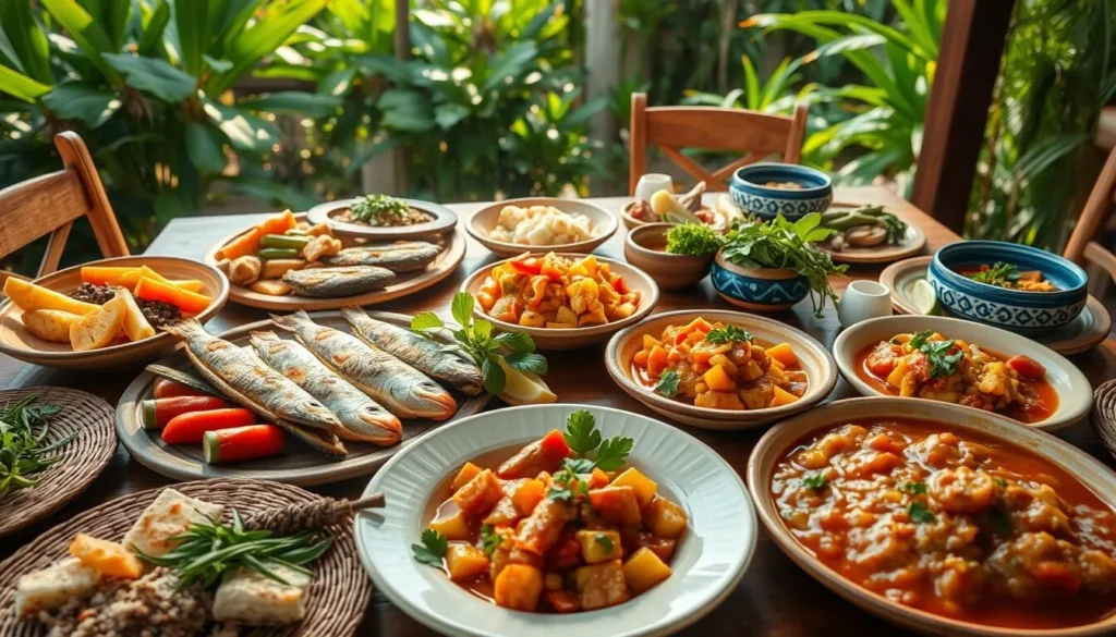 A vibrant table setting showcasing the diverse flavors of Curaçao's local cuisine. In the foreground, a spread of colorful dishes including freshly grilled fish, hearty stews, and vibrant vegetable plates. Herbs, spices, and tropical fruits add pops of color and texture. The middle ground features a wooden table surrounded by woven placemats and handcrafted ceramic dishes. Soft, natural lighting filters in, casting a warm glow across the scene. In the background, hints of a lush, verdant garden create a serene, island-inspired atmosphere. An inviting and mouthwatering representation of Curaçao's rich culinary traditions.