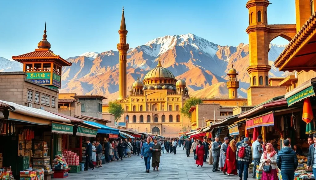 A vibrant travel guide cover showcasing the historic city of Kashgar, China. In the foreground, a bustling marketplace with colorful stalls, intricate architectural details, and locals in traditional attire. The middle ground features the iconic Id Kah Mosque, its towering minarets and domes basking in warm, golden sunlight. In the background, the rugged Kunlun Mountains rise majestically, their snow-capped peaks adding a sense of grandeur. The image conveys the rich cultural heritage, vibrant atmosphere, and stunning natural beauty that make Kashgar a captivating destination. Crisp, high-resolution photography with a wide-angle lens captures the scene in vivid detail.