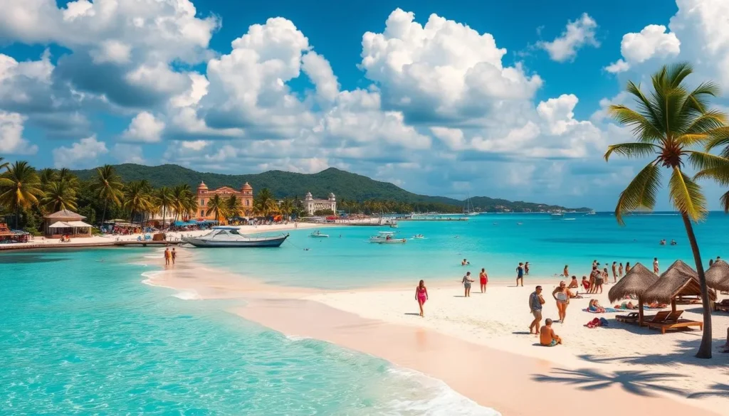 A vibrant tropical paradise unfolds on the shores of Nassau, Bahamas. In the foreground, crystal-clear turquoise waters lap against pristine white sand beaches, inviting visitors to bask in the warmth of the sun. Swaying palm trees line the coastline, casting gentle shadows over sunbathers and beachgoers enjoying a variety of water sports. In the middle ground, historic colonial architecture and lively markets create a bustling, authentic atmosphere, while in the background, lush green hills and azure skies complete the picturesque scene. Warm, natural lighting filters through puffy clouds, evoking a sense of tranquility and relaxation. This idyllic tropical oasis captures the essence of "Discovering Nassau: Paradise in the Bahamas".