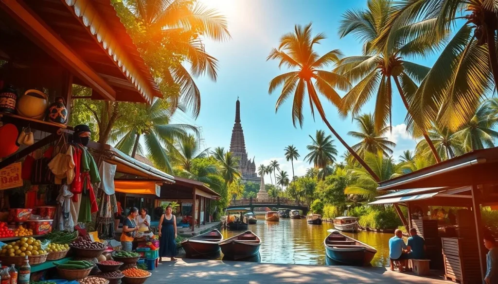 A vibrant tropical scene in Samut Prakan, Thailand. In the foreground, a bustling local market with colorful stalls selling fresh produce, fragrant spices, and traditional handicrafts. In the middle ground, a serene canal lined with wooden boats and lush, swaying palm trees. In the background, the iconic silhouette of the Phra Samut Chedi, a historic Buddhist temple, set against a clear, azure sky. Warm, golden sunlight filters through, casting a soft, inviting glow over the entire scene. The atmosphere is one of tranquility and authentic cultural immersion, offering a glimpse into the daily life and traditions of this picturesque Thai province.